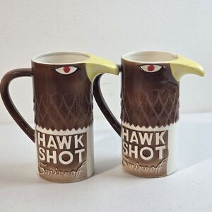 2x Vtg 1970 Smirnoff “Hawk Shot” Handpainted Etched Feathers Advertising Mug 5”